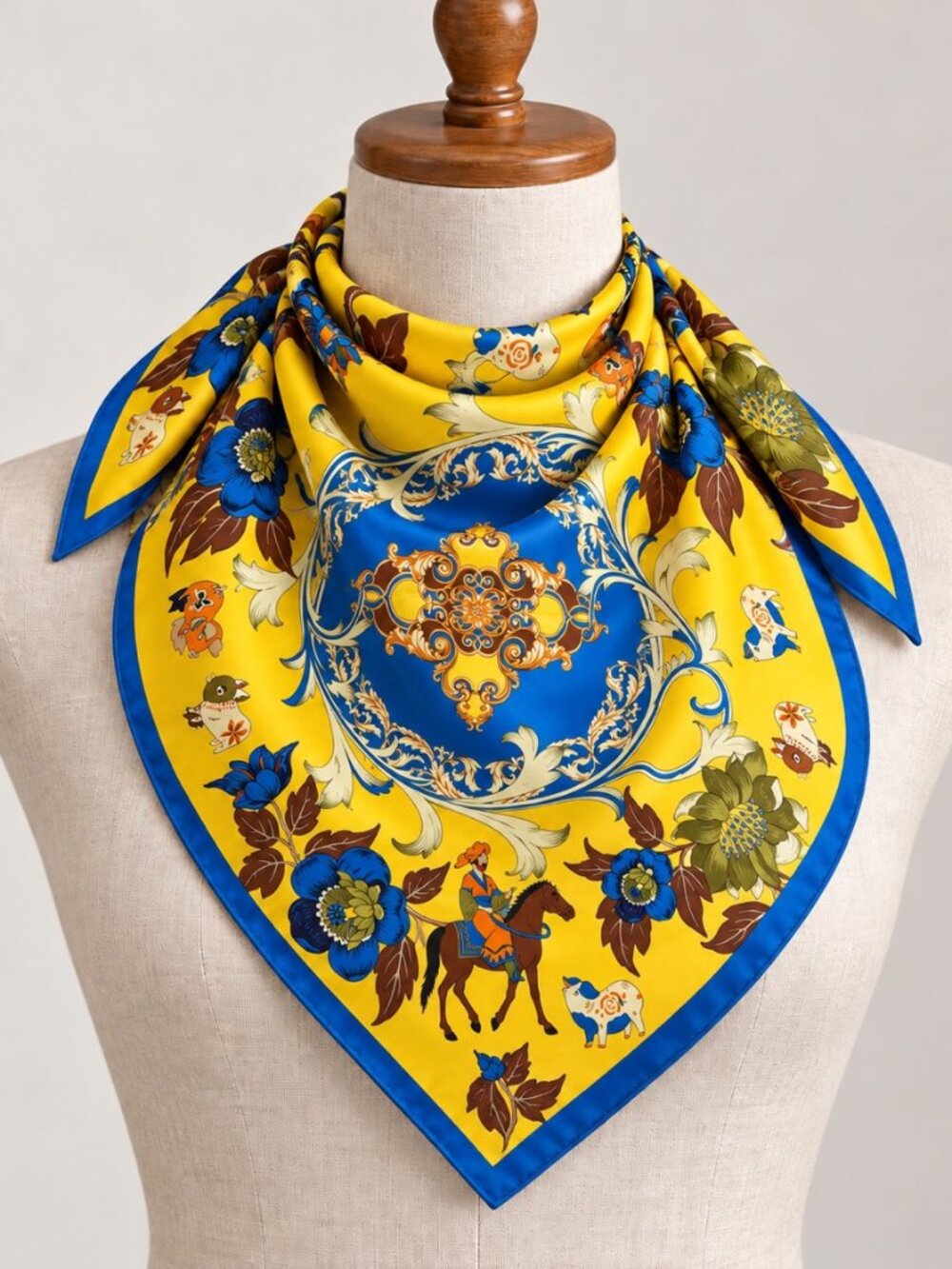 Yellow & Blue Baroque Floral Square Scarf with Equestrian Print